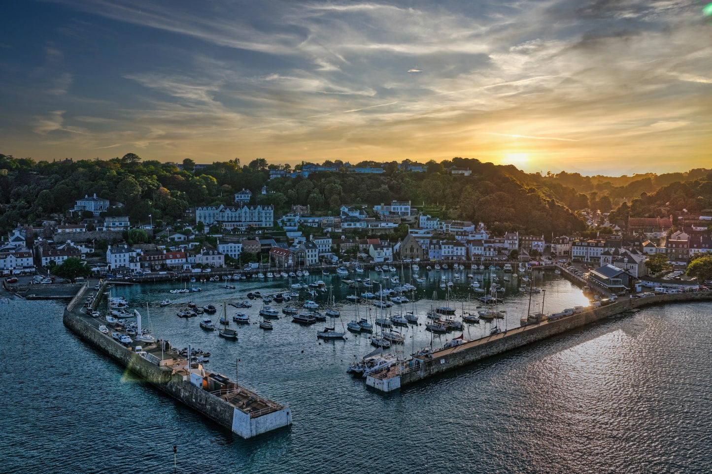 St Aubin BaSt Aubin Harbour Jersey | Sunset Aerial Coastal Village Print